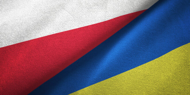 Obrazek wyróżniający - Poland and Ukraine two flags textile cloth, fabric texture